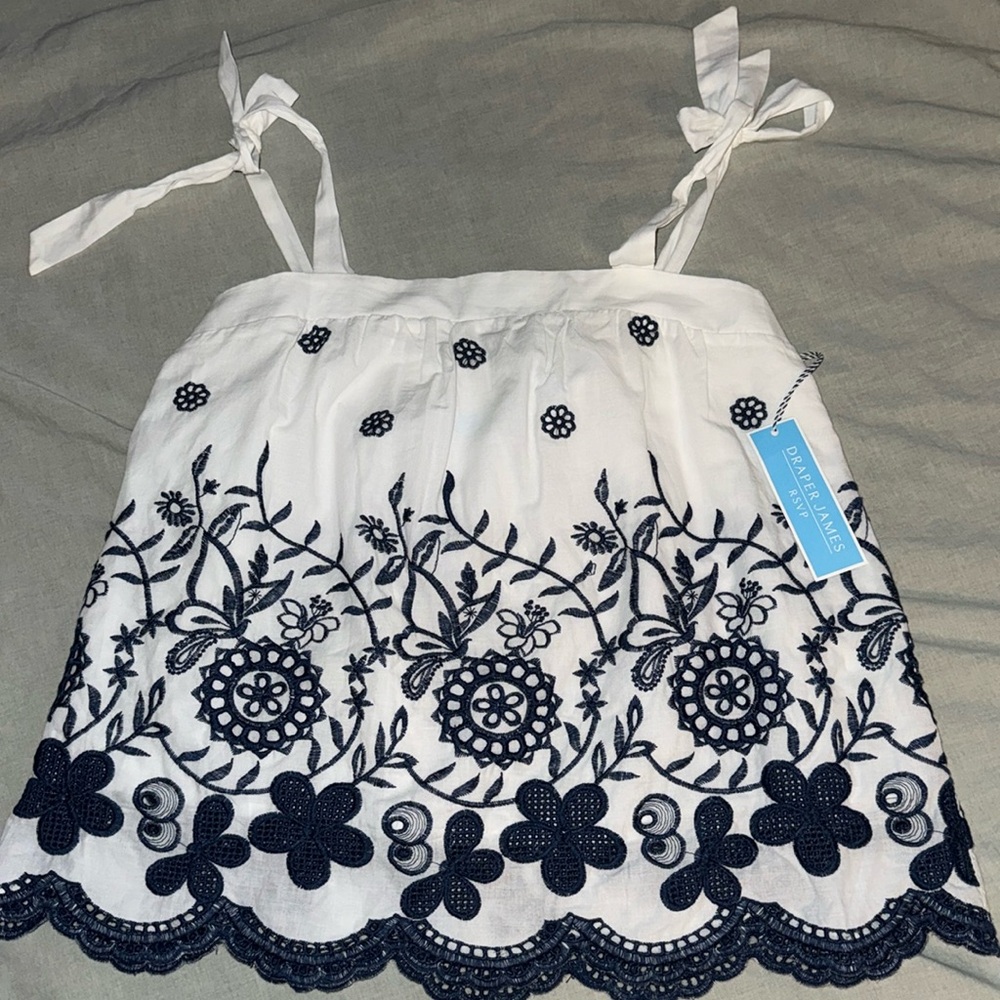 Draper James RSVP White and Navy Embroidered Eyelet Tank Top